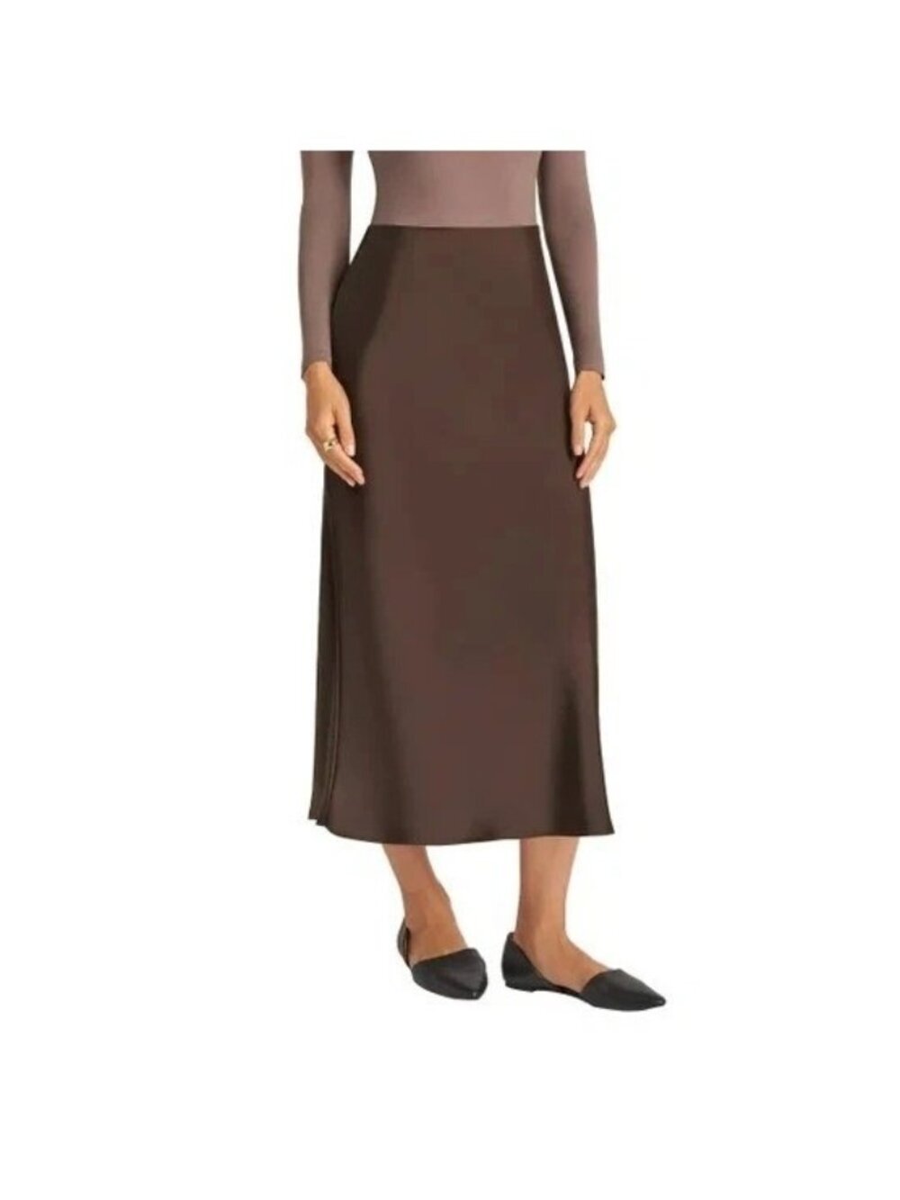 NWT Matty M Women's S Brown Satin Pull-On Midi Skirt Polyester Blend B1638
